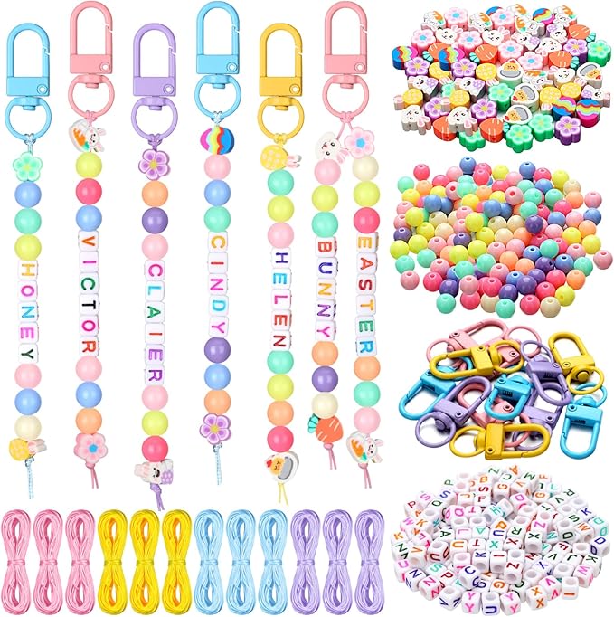 Landical 564 Pcs Easter Bead Keychain Kit DIY Easter Basket Name Tags Key Chain Making Craft Adjustable Letter Beads String Gift Alphabet Jewelry Backpack Accessories Spring Party Favor Decoration