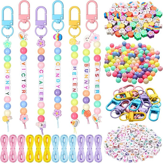 Landical 564 Pcs Easter Bead Keychain Kit DIY Easter Basket Name Tags Key Chain Making Craft Adjustable Letter Beads String Gift Alphabet Jewelry Backpack Accessories Spring Party Favor Decoration