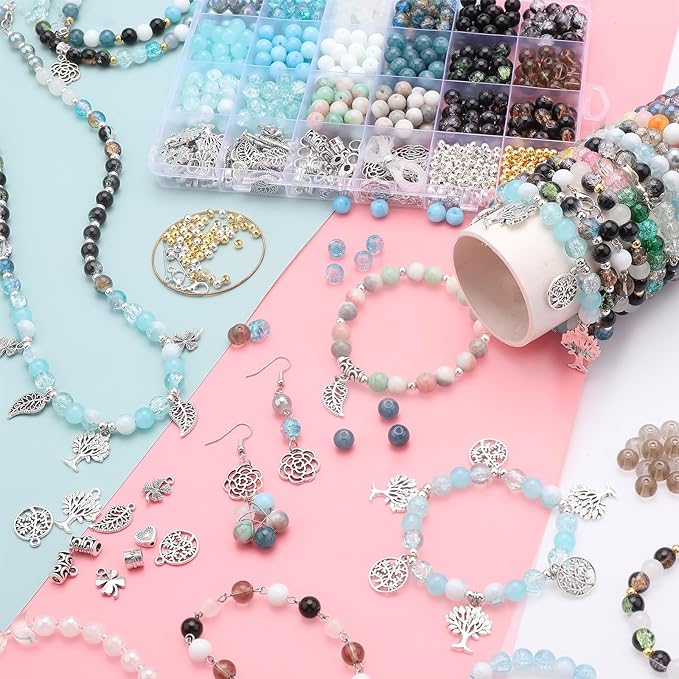 KINGSHINE 8mm 18 Colors Glass Beads for Jewelry Making, 810pcs Charm Bracelet Making Kit - Crystal/Crackle/Stone/Gold & Silver Pendant Spacer Beads for Adults Bracelets Necklace Earring DIY Supplies