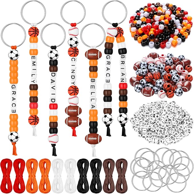 Landical 564 Pcs Sports Keychain Making Kit DIY Baseball Basketball Football Soccer Bead Keychain Craft Adjustable Letter Bead Sport Party Favor Gift Backpack Accessories Holiday Decor(Retro Color)