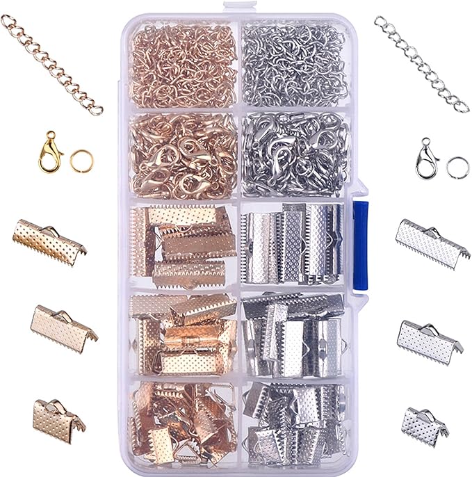 370 Pieces Ribbon Bracelet Kit for Jewelry Bookmark Pinch Crimp Ends Lobster Clasps with Jump Rings and Chain Extenders for Jewelry Craft Supplies DIY Choker Anklets