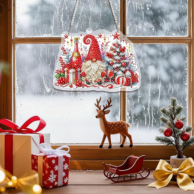 EMIEAUFG Christmas Diamond Art Hanging Kit for Adult, Christmas Gnome Diamond Art Pendants, Double Sided Acrylic & 5D Special Shaped Rhinestone, DIY Ornament for Window Home Wall Decor