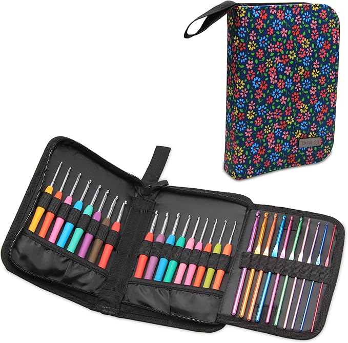 Teamoy Crochet Hook Case, Travel Carry Bag for Ergonomic Crochet Hooks Kits, Aluminum /Steel Crochet Hook and More, Lightweight, Well Made--NO Accessories Included, Flowers Blue