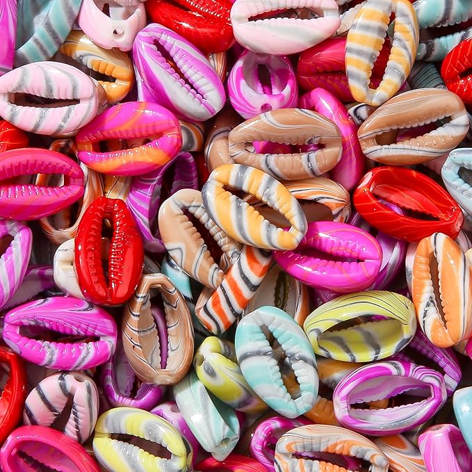 200pcs Acrylic Shell Beads Color Shell Bead Ocean Sea Theme Beads Summer Hawaii Beaded for Jewelry Making Beading Kit Bracelets DIY Supplies (Color line Shell)