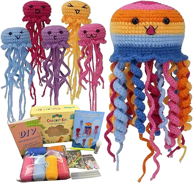 Blossvane Beginners Crochet Kit for Adults - 6 Pack Magical Jellyfish, Complete Starter Amigurumi Kit with Easy Step-by-Step Video Tutorials, Learn to Crochet Kit for All Ages