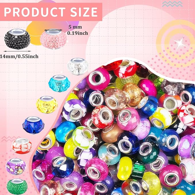 200 Pcs Large Hole Beads for Jewelry Making, Assorted European Craft Big Beads Large Hole Lampwork Murano Bead Fairy Wand Garden Bead for DIY Beadable Pens Charm Bracelet Necklace Decoration Supplies