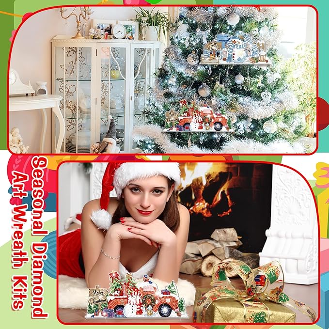 Cinnvoice 12 Pcs Seasonal Diamond Art Wreath Kits Holiday 5d DIY Diamond Art Hanging Signs Winter Spring Ornaments for Wall Door Decoration(Novel)