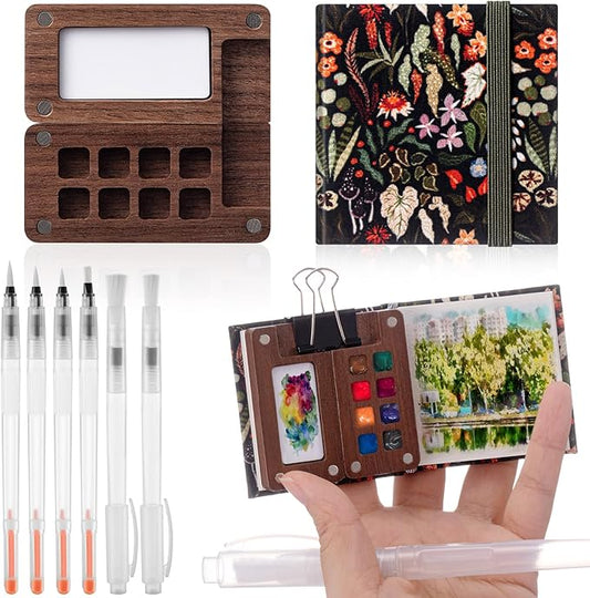 Qilery Mini Portable Watercolor Palette Set Wooden Grid Paint Box Watercolor Paper Sketch Book Brush Pens with Binder Clip for Painters Artist Not Include Paint(Rainforest Secrets)