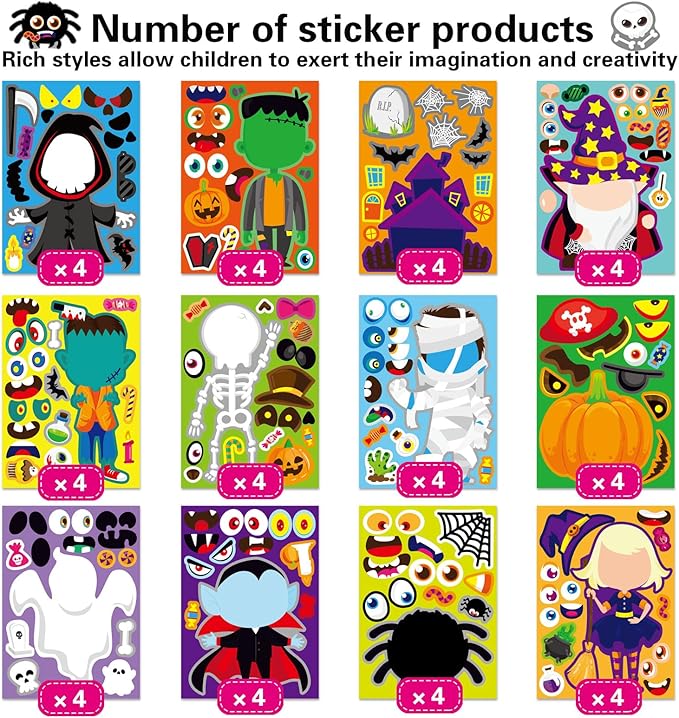 48 pcs halloween make-a-face stickers halloween characters stickers for kids make your own mix and match sticker diy crafts decorating toy sticker trick or treat party game activities