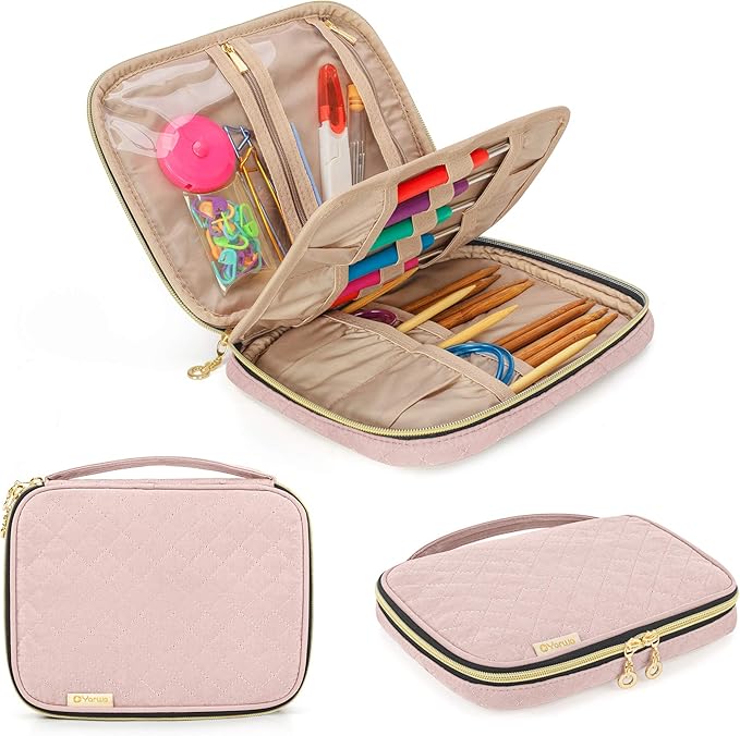 Yarwo Crochet Hook Case, Travel Organizer Holder for Crochet Hooks, Circular Knitting Needles, Knitting Needles (up to 8") and Other Supplies, Dusty Rose (Bag Only, Patented Design)
