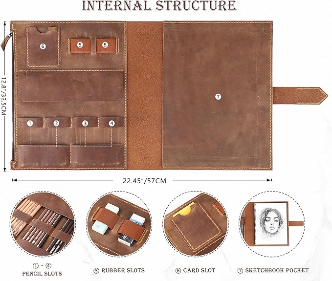 Leather Sketchbook Cover for A4/9"x12" sketch pads - Handmade Genuine Leather Artist Case with Pencil Holder & Zipper Pocket, Professional Drawing Supplies(Brown, 9"x12")