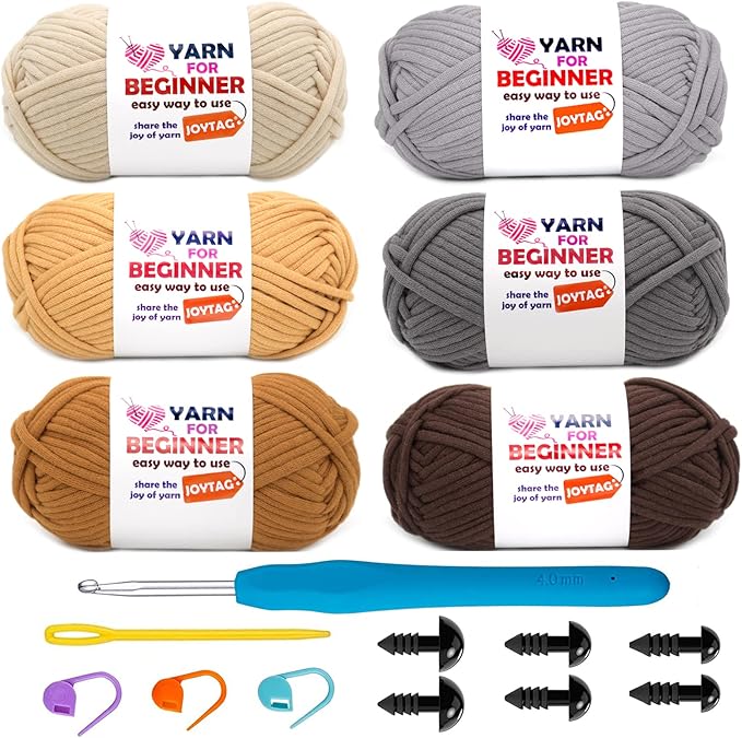 6 Pack Beginners Crochet Yarn Beige Khaki Brown Grey Cotton for Crocheting Knitting with Easy-to-See Stitches Neutral Kit(6x50g), (J002)