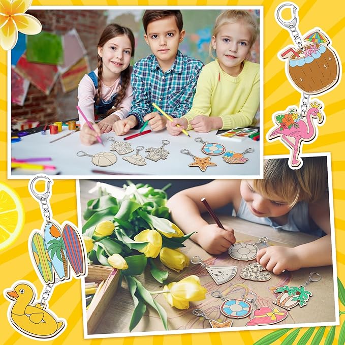 Trnayi 36 Pcs Summer Unfinished Wooden Keychains Color Your Own Beach Fruit Keychains Tropical Hawaiian Luau Blank Wood Painting DIY Crafts for Summer Party Activities Arts Project Decor