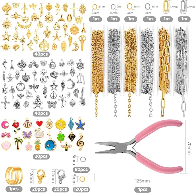 Zefy 18K Gold Silver Chain for Jewelry Making, 19.7ft 6 Rolls Stainless Steel Chains Bulk with 348 Pcs Charms, Jump Rings Lobster Clasps Set for DIY Bracelet Necklace Crafts