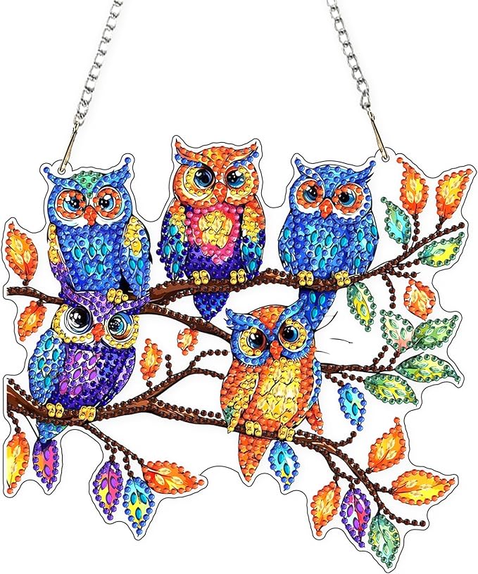 Lxmsja DIY Colorful Owls Diamond Painting Hanging Ornament, Double-Sided Acrylic Tree Branch Diamond Art Kit, Special Shaped Suncatcher Hanging Pendant Window Art Kit 7x8 inch
