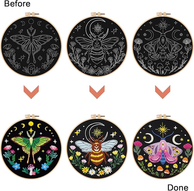 Nuberlic 3 Pack Embroidery Kit for Adults Beginners, Stamped Cross Stitch Moth and Bee Patterns with Hoop, Thread, Needles & Step-by-Step Guide Easy DIY Starter Kit