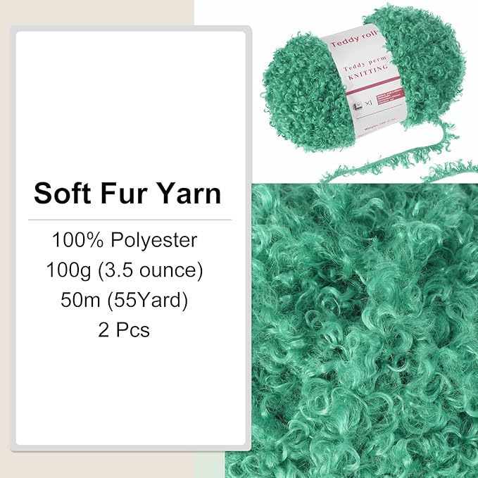 MECCANIXITY 2 Skeins Fur Yarn Soft Fluffy Chunky Yarn Fuzzy Eyelash Yarn Lake Green for Crocheting Knit Clothes Bag - 55Yard/50m, 3.14ozx2