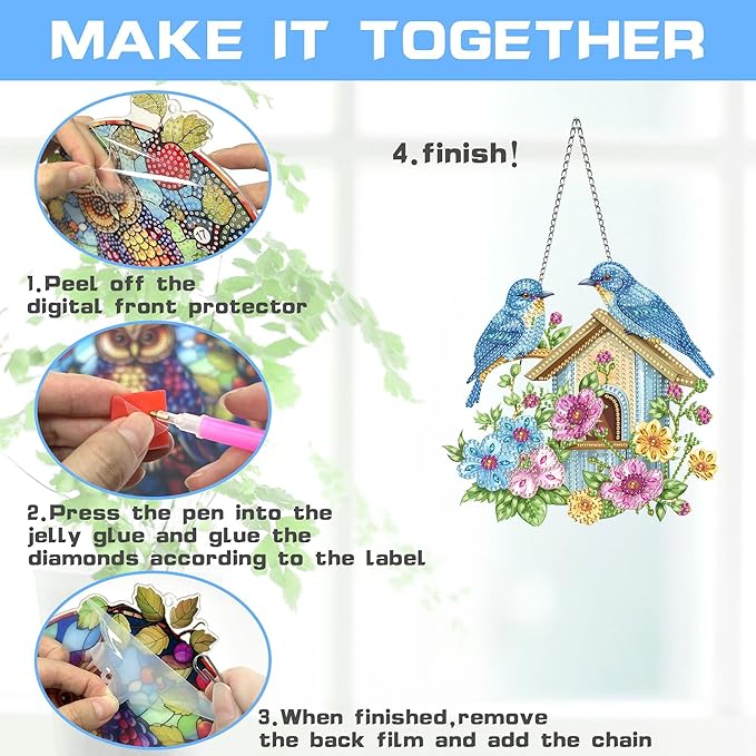 VAIIEYO Birdhouse Diamond Art Hanging Ornament, Bird Animal Diamond Painting Suncatchers Window Hanging Kit with Chain, 7.5x7.5 inch Crystal Pendant Art Craft for Gift Home Wall Front Door Decoration