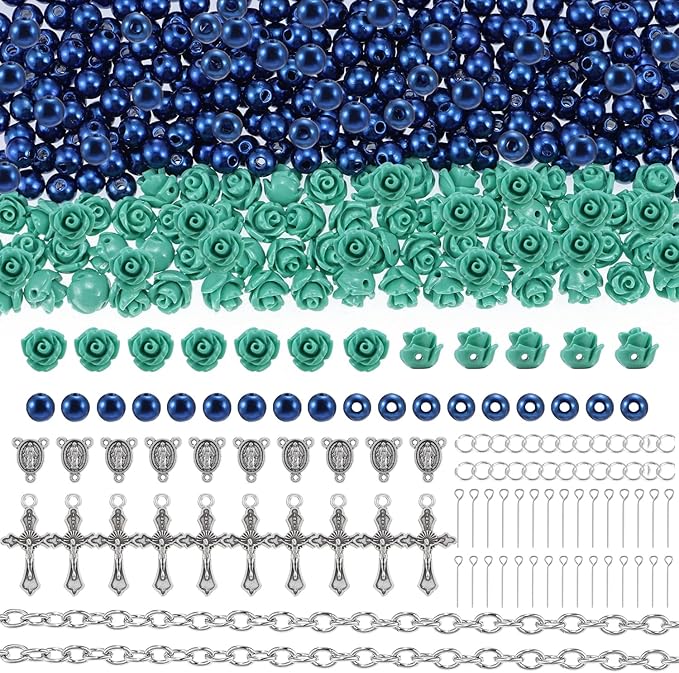 OEMOO 1410PCS Rosary Jewelry Making Kit Rosary Prayer Making Supplies Carved Rose Beads Cross Centerpiece Crucifix Medal Kit First Communion Necklace Set for Rosary Necklace Jewelry Making (Blue)
