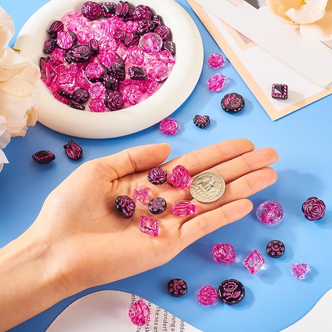 FASHEWELRY 90Pcs Hot Pink Black Acrylic Beads Rose Flower Beads Assorted Cute Flower Loose Beads Bulk Kawaii Vintage Bead for Bracelets Necklace Key Chains Jewelry Making