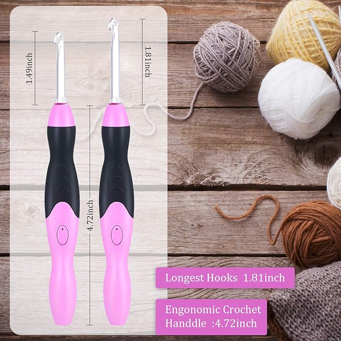 Chuangdi 11 Sizes Lighted Crochet Hooks Set Rechargeable Crochet Hook Light up Hooks with Case, Interchangeable Heads 2.5 mm to 8 mm for DIY Craft Supplies(Pink-Black)