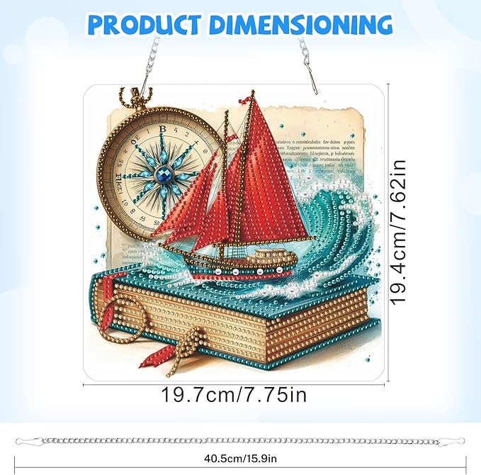 Diamond Art Hanging Kits for Adults, Diamond Art Suncatchers Nautical Adventure with Compass & Book, 5D Special Shape Diamond Painting Pendant Window Ornament Gifts for Home Decor