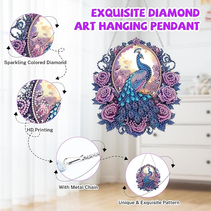 Bowetile Peacock Diamond Art Hanging Kits for Adults, 5D Special Shape Diamond Painting Flowers Pendant Kits, Animal Gem Art Suncatchers Painting Window Ornament for Home Garden Wall Decor