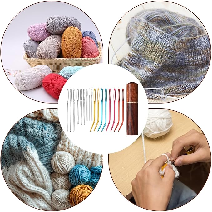 17pcs Large Eye Sewing Needles Kit with Wooden Case, Blunt Darning & Bent Tapestry Hand Yarn Needles Tool Supplies for Crochet Knitting Kandi Embroidery Projects