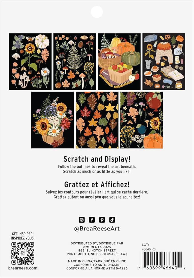 Brea Reese: Scratch Art Paper Pad - Fall Foraging - 14 Sheets, 7 Guided Art Designs, Metallic Accents, Stylus & Brush, 6x8 Pages, DIY Adult Craft Kit