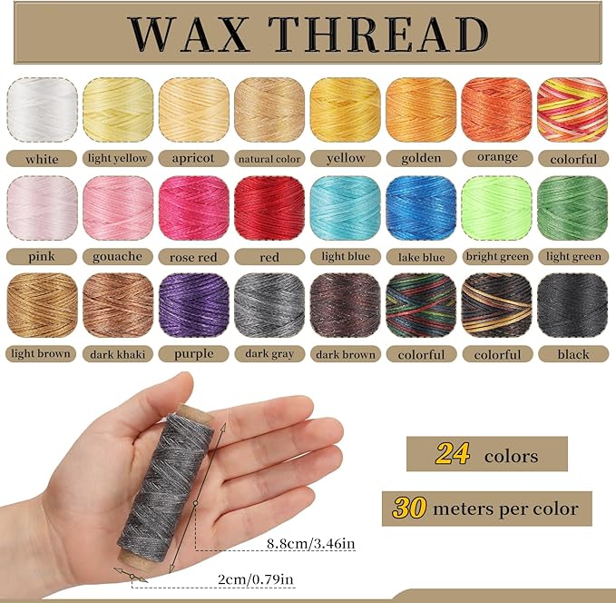 Jupean 24 Colors Leather Thread, Waxed Thread for Hand Sewing Polyester Leather Sewing Threads DIY Bracelets Bookbinding
