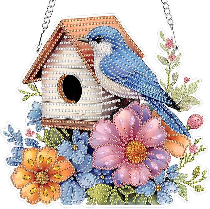 MXJSUA Birdhouse Flowers Special Shaped Hanging Diamond Painting Art Kits for Adults, Crystal Rhinestone Acrylic Gem Art Pendant Ornaments Kit for Home Decoration and Gift