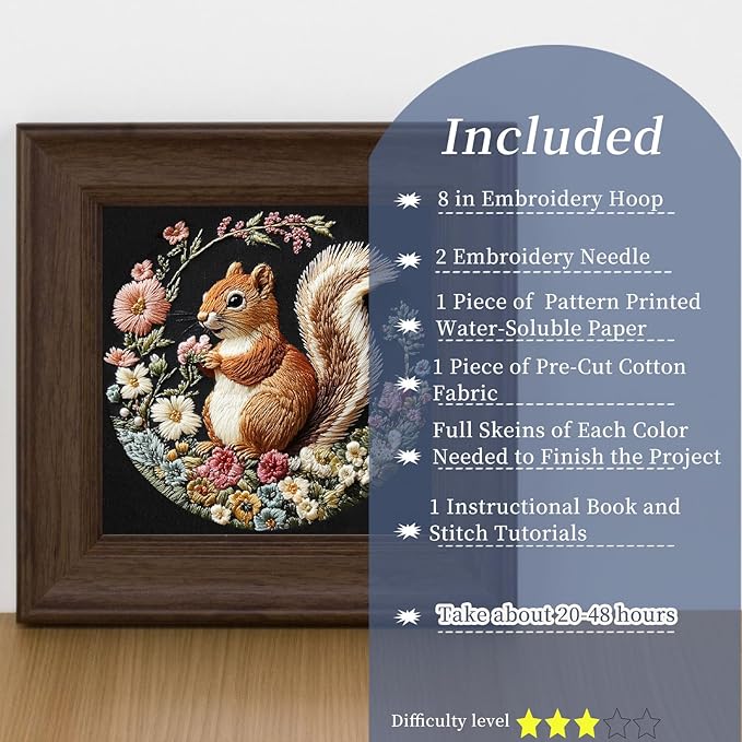 FONNUY Funny Squirrel Floral Embroidery Kit, Cross Stitch Kits for Beginners, Handmade Crafts with Printed Patterns for Beginner Adults, Easy to Follow Color Thread Needlework, 8'' Hoop (Funny)