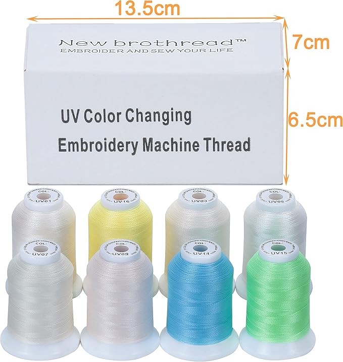 New brothread 8 Spools UV Color Changing Embroidery Machine Thread Kit 30WT 500M(550Y) Each Spool for Embroidery, Quilting, Sewing