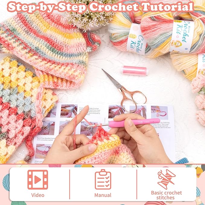 Alvian Scarf Hat Crochet Kit for Beginners Crochet Starter Kits Craft Knitting with Step-by-Step Video Tutorials Handmade Gift for for Birthday (Scarf Hat Crochet Kit)