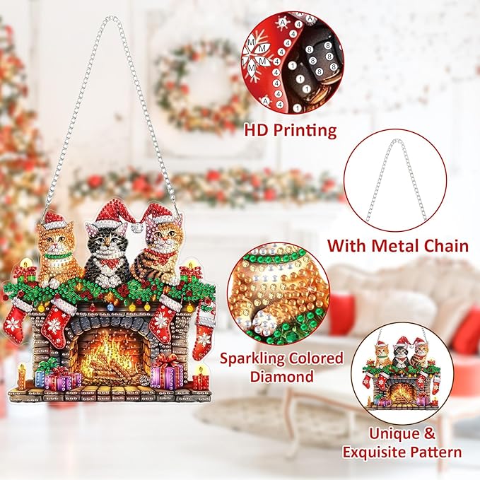 SENQAO Cat Diamond Art Hanging Kits for Adults Kids, Christmas Diamond Art Suncatchers, 5D Special Shape Diamond Painting Pendant Window Ornament Gifts for Home Garden Door Wall Decor