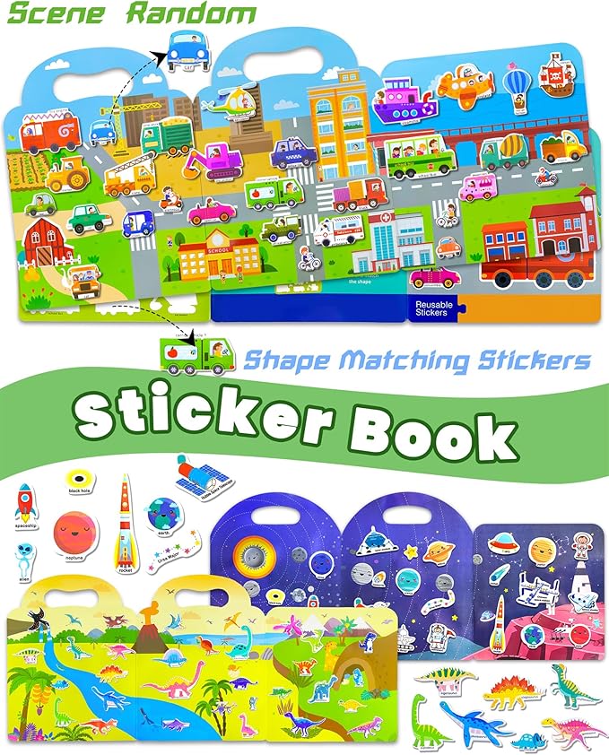 walenced reusable sticker book for toddlers, stickers for kids, toddler sticker book, toddler craft activities, toddler travel toys ages 3 and up boy girl birthday gifts