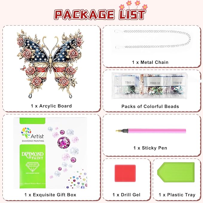 KEYIFA American Flag Hanging Diamond Art Painting Kits for Adults and Kids Age 8-12, 5D Special Shape Diamond Dots Kit Butterfly, Crystal Gem Painting Art Crafts for Window, Wall, Door, Garden Decor