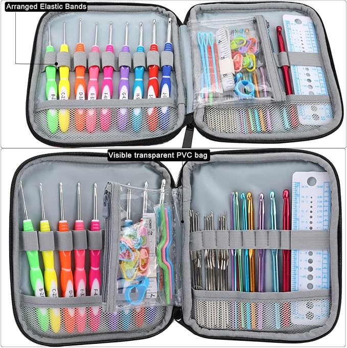 LOOEN 62PCS Crochet Hook set with Case, 9 pcs Rubbery Handles crochet hooks 2.0MM-6MM and Aluminum Crochet Hooks Set 2.0MM-8MM, Comfort Grip Crochet Hook Set for Beginners and Crochet Lovers(A - Pink)