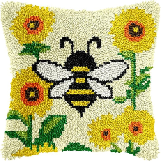 veirousa Bee Sunflower Latch Hook Kits for Adults Beginners, Pre-Printed Animal Latch Hook Pillow Kit, Craft Rug Making Kits, DIY Embroidery Cushion for Home Sofa Decor & Gift Idea 17x17 in.
