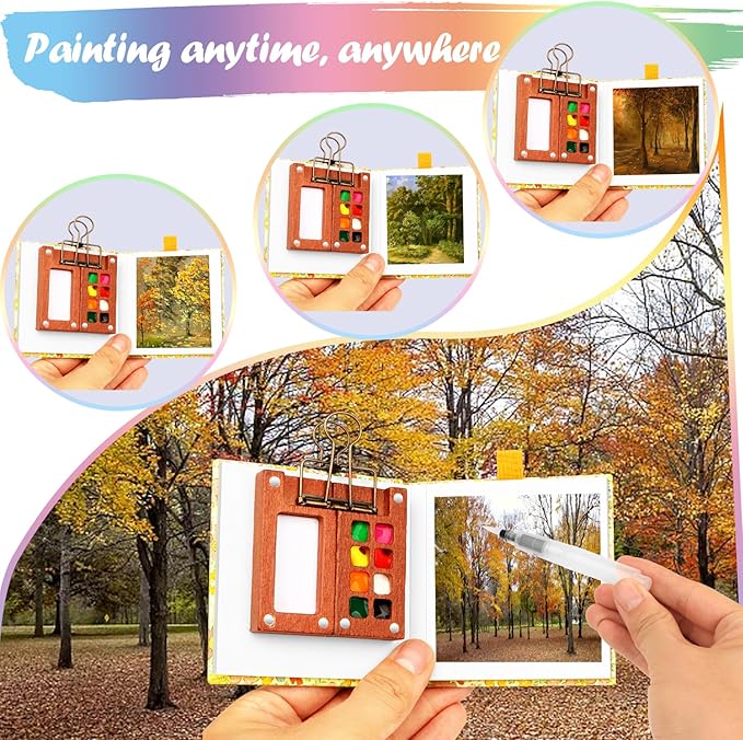 Travel Watercolor Set，Mini Paint Palette Travel kit，Mini Water Color Paint Set，Wooden 8 Grid Paint Box,12 Colors Small Watercolor Sketchbook for Artists Painters Students (12-Yellow)