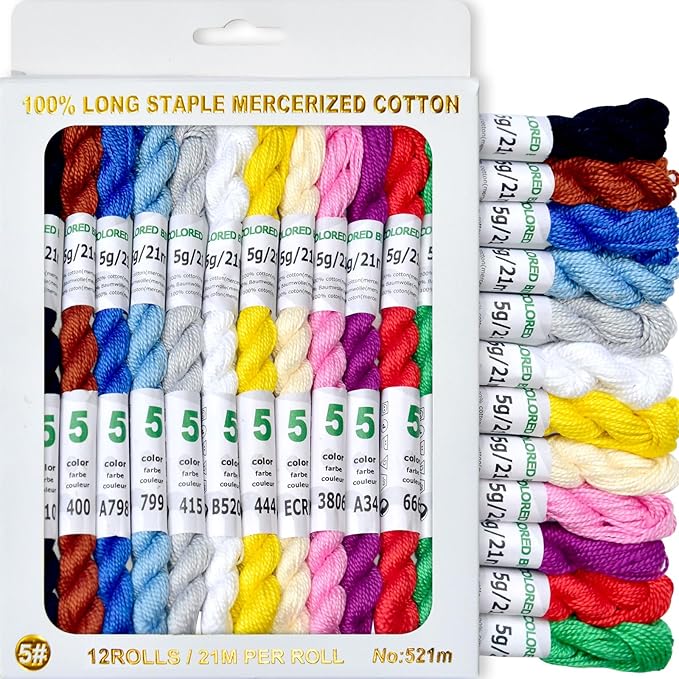 Mercerized Pearl Cotton Crochet Needlepoint Thread,Size 5, 12 skeins,12 Mixed Colors,21 M/Skein
