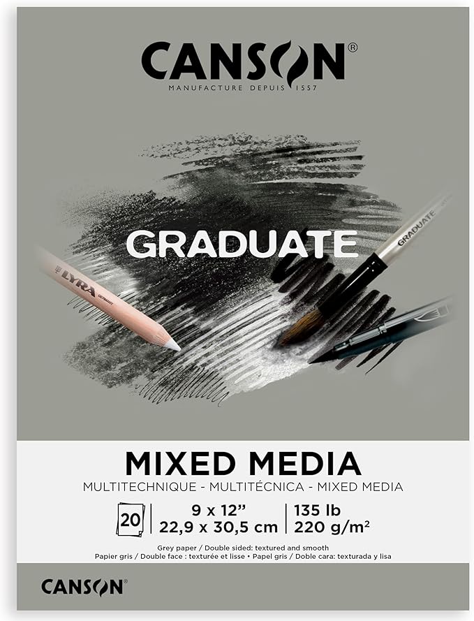 Canson Graduate Grey Toned Mixed Media Pad, Foldover, 9x12 inch, 20 Sheets | Artist Paper for Adults and Students - Watercolors, Mixed Media, Markers and Art Journaling