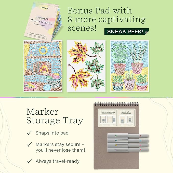 Lifelines FlowArt Activity Pads, 2-Pack & Bonus Pad - Guided Dot Art Meditations - 8 Double-Sided Markers & 48 Scenes - Dot-by-Letter & Stamp-by-Shape Coloring Books for Tweens, Adults & Seniors