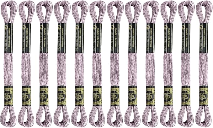 12 Skeins Embroidery Floss, Pink Metallic Embroidery Thread Polyester Cross-Stitch Threads for Hand Embroidery String Art DIY Creation