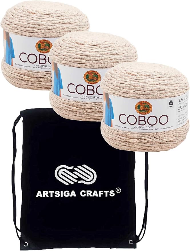 Lion Brand Coboo Tan 835-123 (3-Skeins - Same Dye Lot) DK Light Worsted #3 Cotton, Bamboo Yarn for Crocheting and Knitting with Project Bag