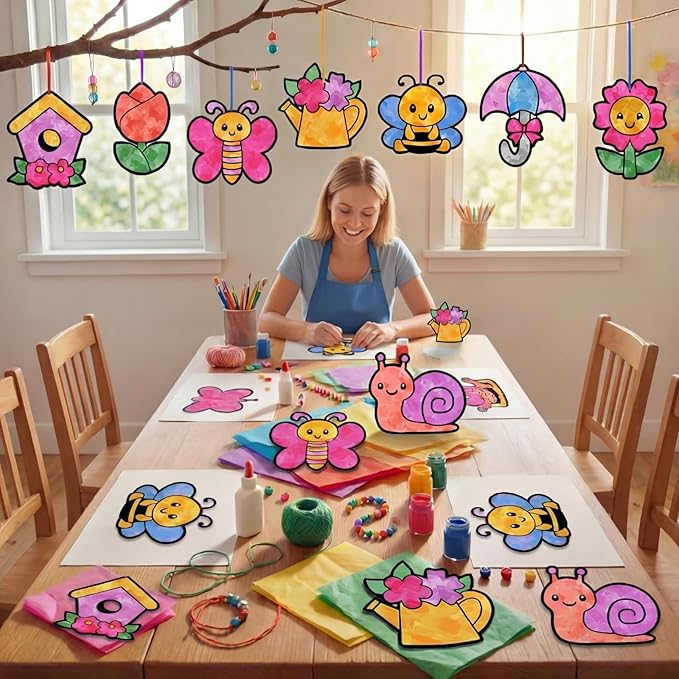 Motipuns 32 Pcs Spring Easter Suncatcher Craft Kit for Adults, Cute Spring Animals Flowers DIY Window Stain Glass Effect Paper Ornaments for VBS Sunday School Art Activities