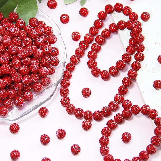 150 Pcs 10mm Rhinestone Beads for Jewelry Making, Red Shiny Round Shamballa Disco Baseball Necklace Beads Sparkle Crystal Clay Pave Rhinestones Bead for DIY Bracelet Earring Craft Making Supplies