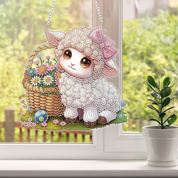 HEIBAGO Easter Lamb Diamond Art Hanging Kits for Adults, Diamond Art Suncatchers Sheep, 5D Special Shape Diamond Painting Pendant, DIY Window Ornament Gifts for Home Garden Door Wall Decor 8.3 x 8.3In