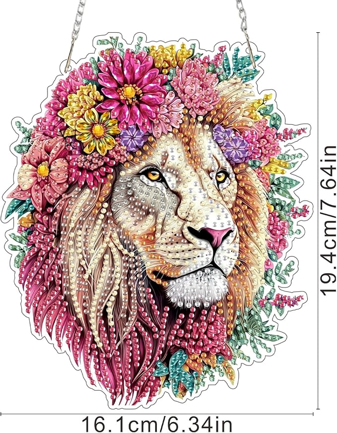 SENQAO Lion Diamond Art Hanging Kits for Adults Kids, Acrylic Diamonds Painting Pendant Board Kit Lion, Diamond Art Painting Window Pendants Home Garden Wall Hanging Kits Hanging Ornament