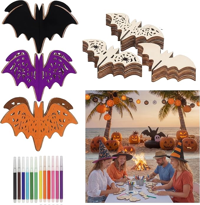 Blosssound 48 Pcs Summer Halloween Craft Set 36 Wood Bats for Crafts 3D Bats Cutouts with 12 Colored Marker Wooden Unfinished Slices to Paint for Summer Halloween DIY Handmade Tiered Tray Decor